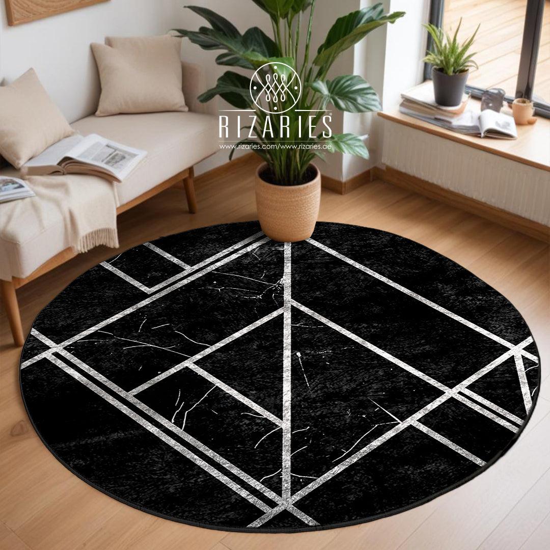 Black Silver Geometric Round Centerpiece (Rug)