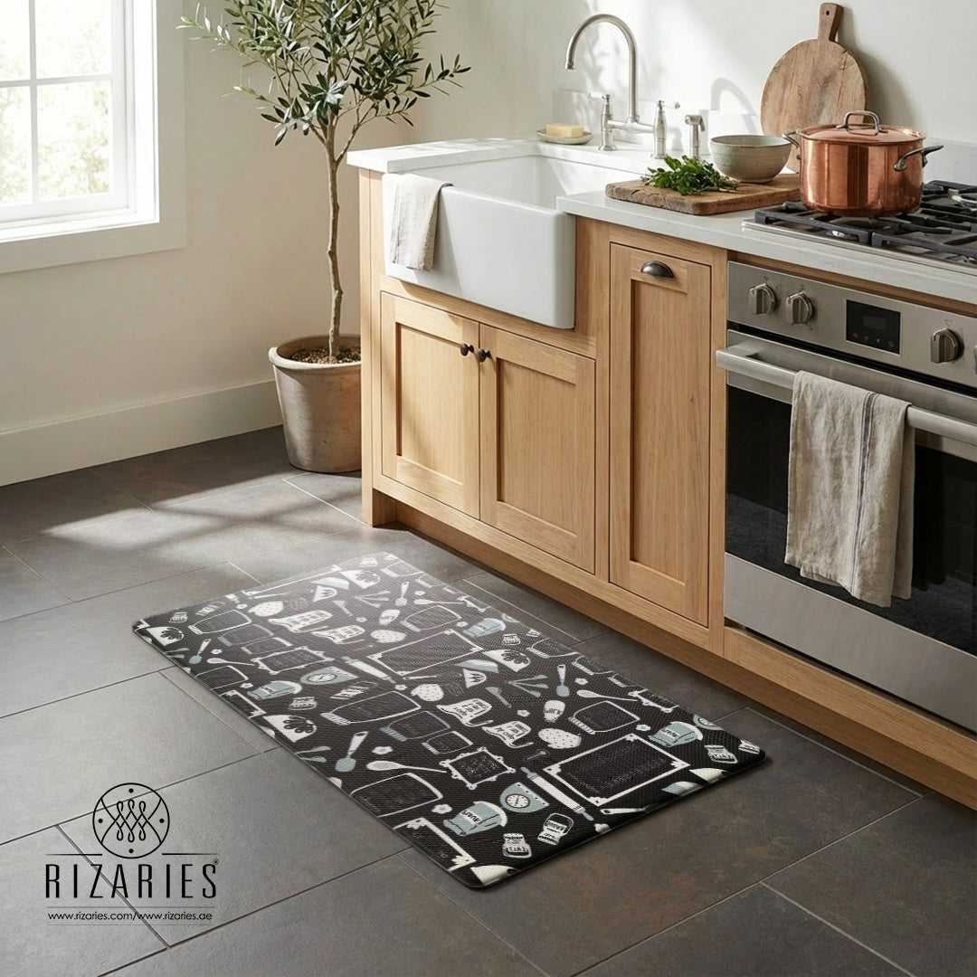 Monochrome Kitchen Essentials Kitchen Mat