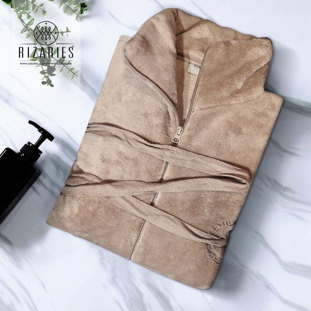 Soft Coral Fleece Zipper Bathrobe
