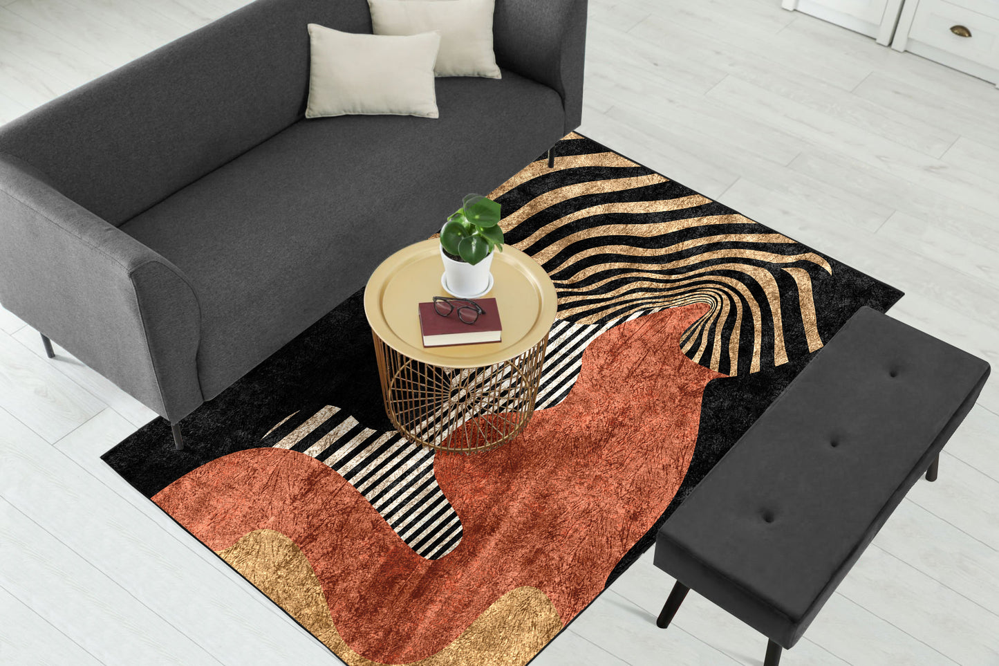 Black Rust Zebra Geometric Wave Centerpiece (Rug)
