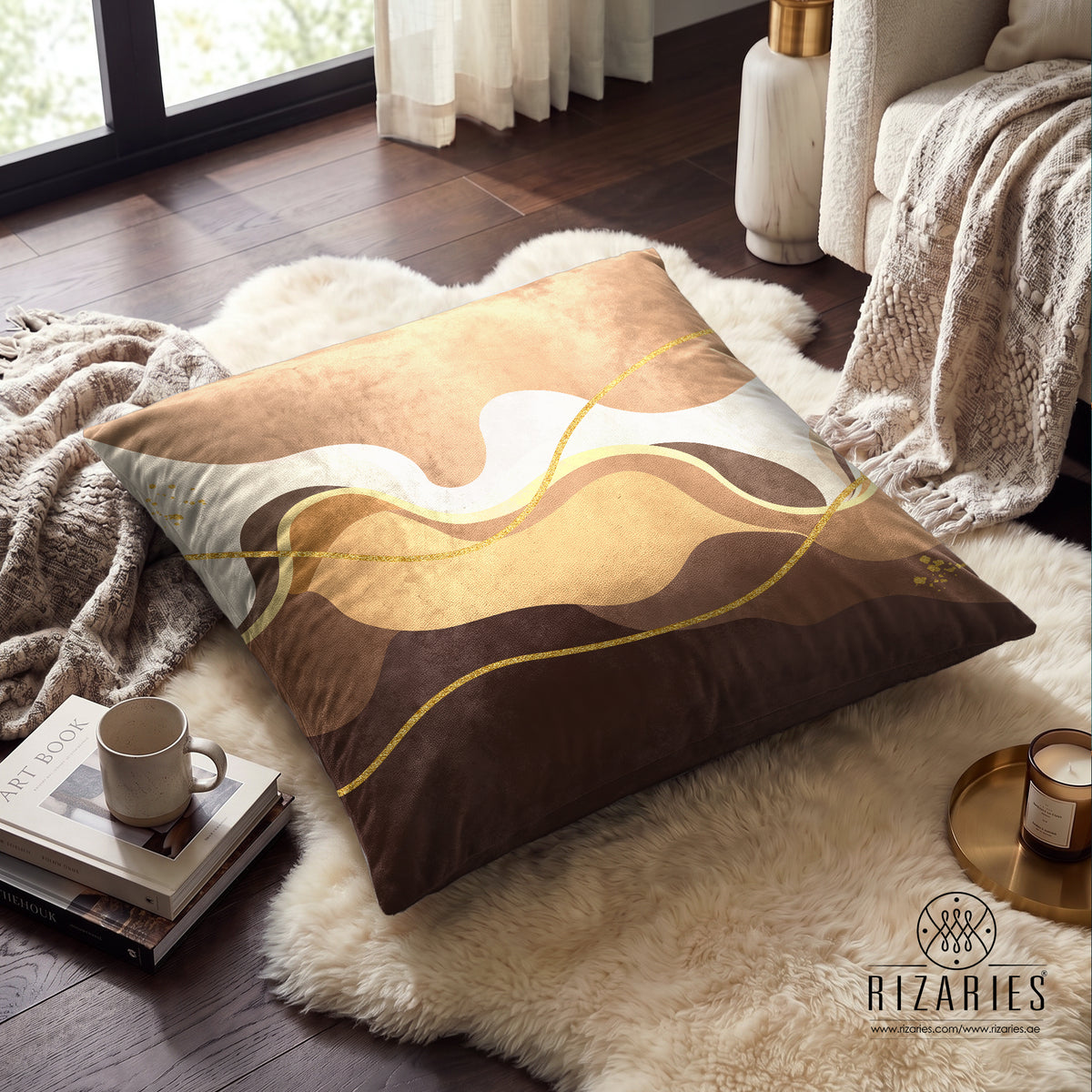 (26"x26") Supersoft Beige Brown Wavy FLOOR Cushion Cover