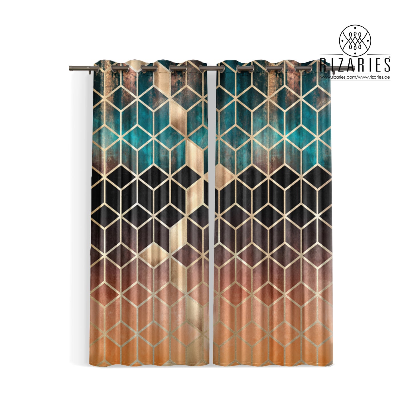 Ombre Cubes Emerald & Copper Curtains