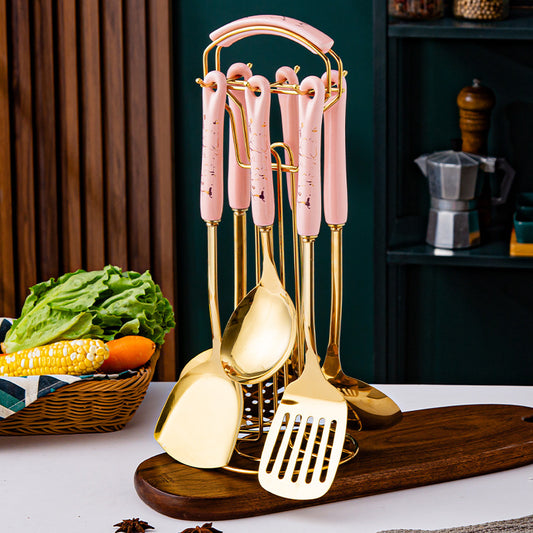 Marble Pattern Golden Utensil Set with Stand (7 Pieces Set)