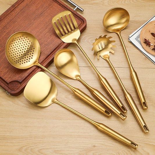 Gold Utensil Set with Stand (6 Pieces Set)