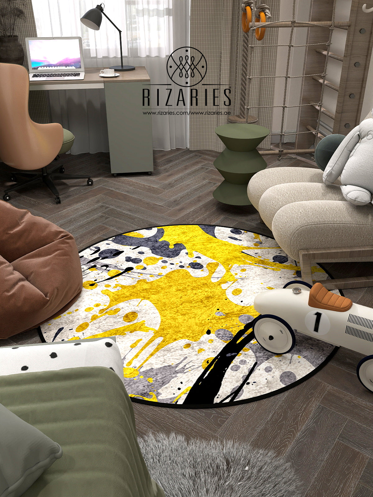 Yellow Grey Pattern Round Centerpiece (Rug)