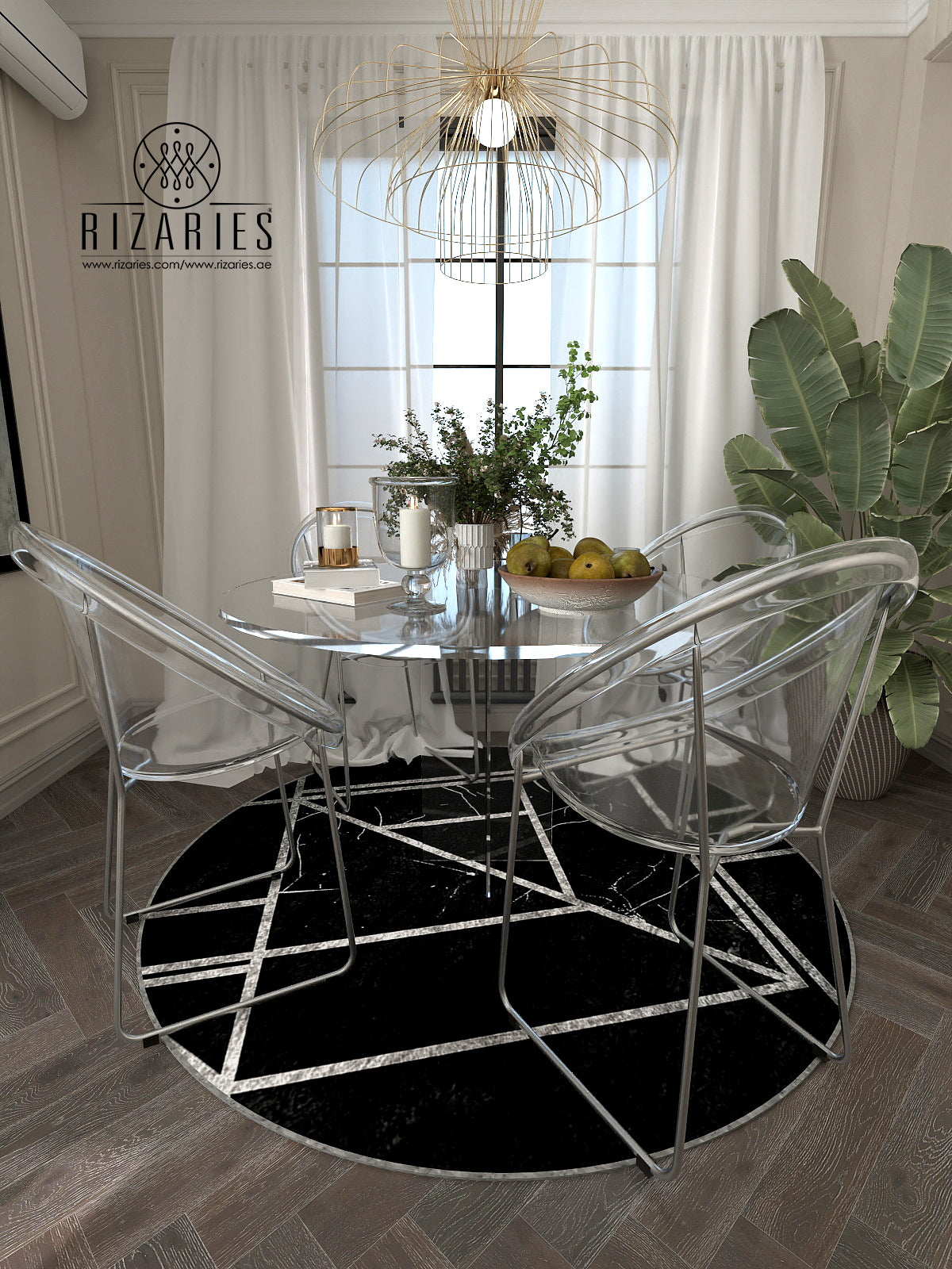 Black Silver Geometric Round Centerpiece (Rug)