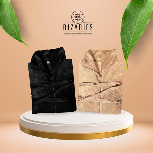 Couple Bathrobe Set Black & Beige (2 Fleece Bathrobe)