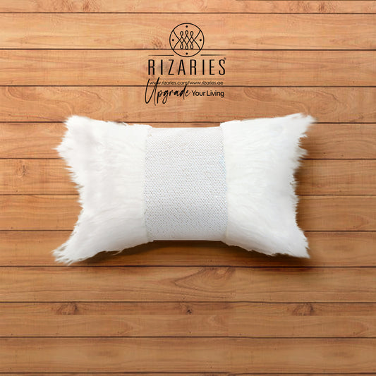 Rectangle Monster fur & Sequins White Gold Throw Pillow