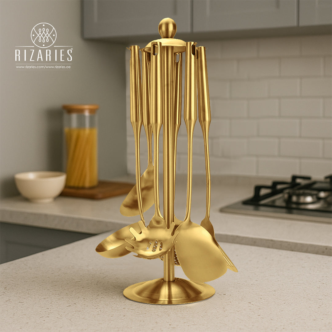 Gold Utensil Set with Stand (6 Pieces Set)