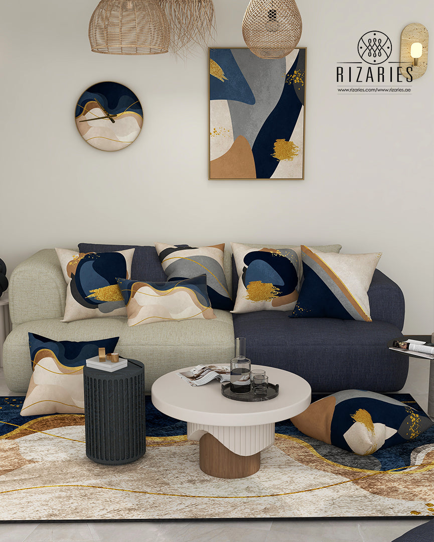 Navy Beige Wavy Throw Cushions Set of 6