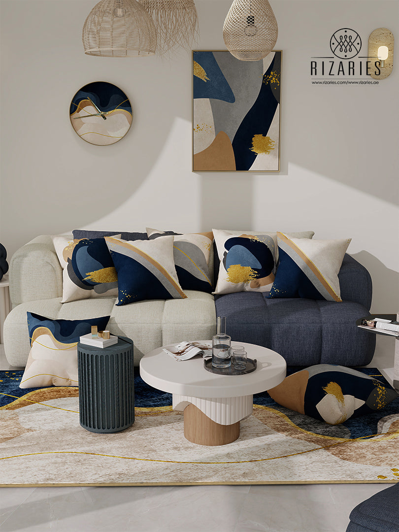 Navy Beige Wavy Throw Cushions Set of 6