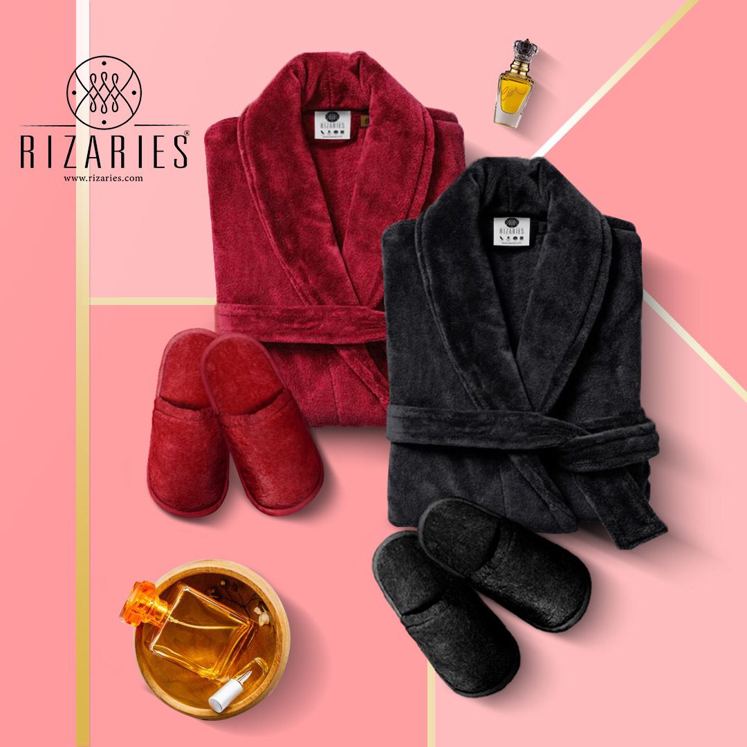 Couple Set 2 Velour Bathrobe 2 Velour Slippers