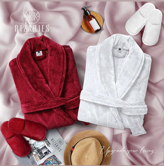 Couple Set Red & White (2 Velour Bathrobe, 2 Velour Slippers)