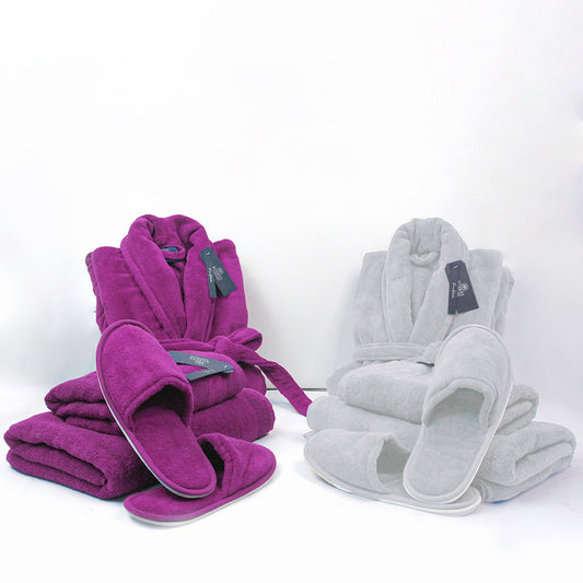 Couple Bathroom Set (2 Bathrobes with Slippers and 2 Towel Sets)