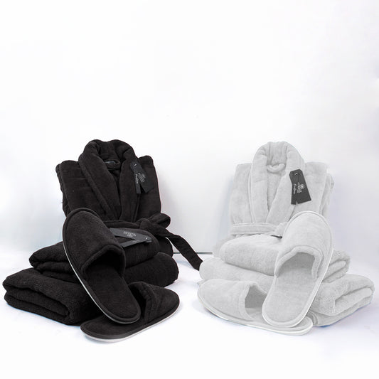 Couple Bathroom Set (2 Bathrobes with Slippers and 2 Towel Sets)