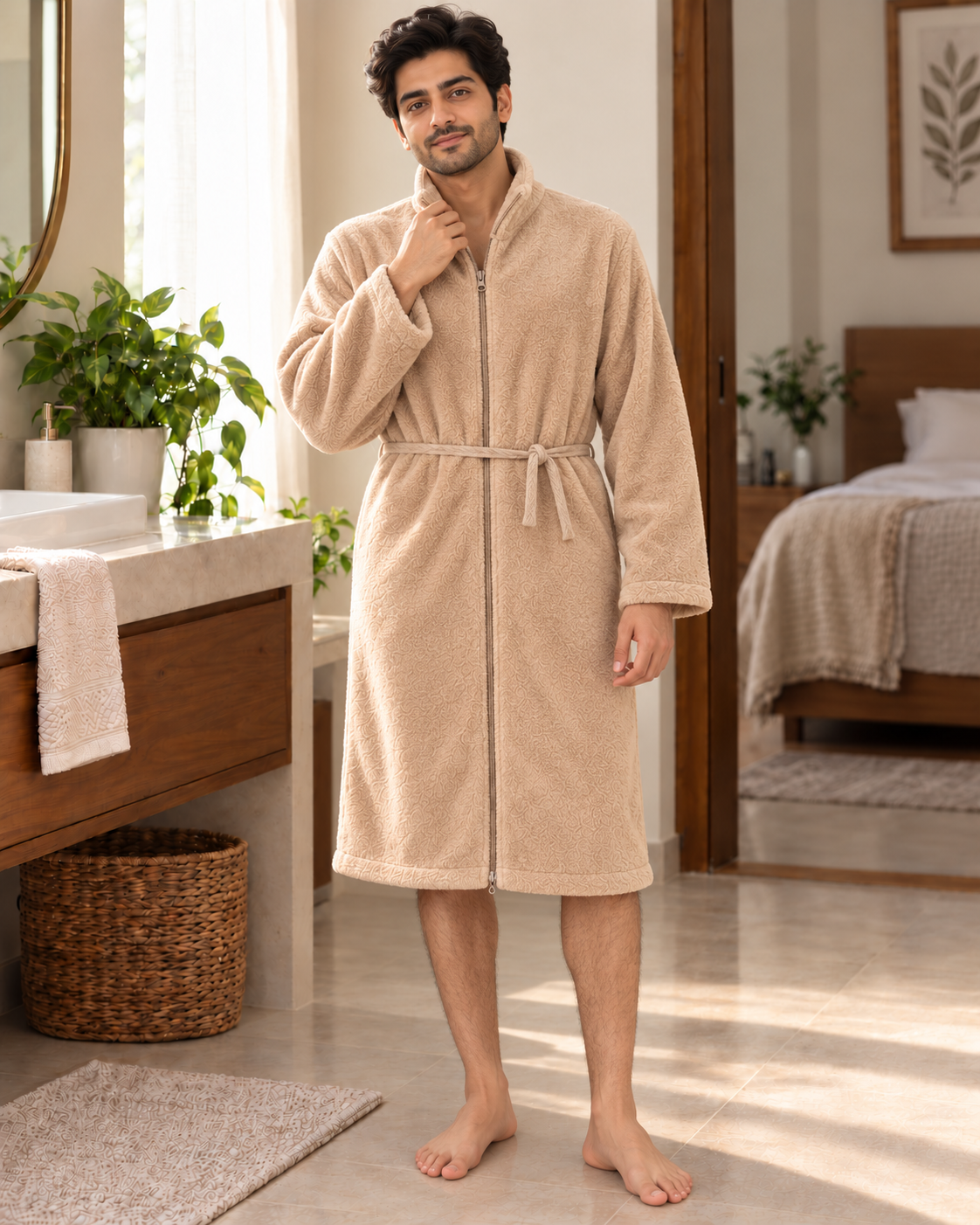Soft Coral Fleece Zipper Unisex Bathrobe