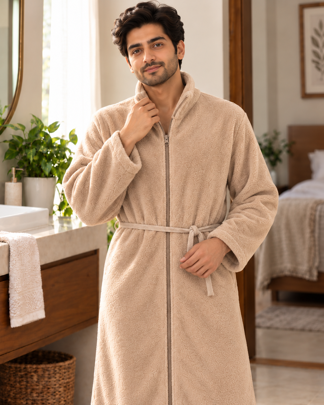 Soft Coral Fleece Zipper Unisex Bathrobe