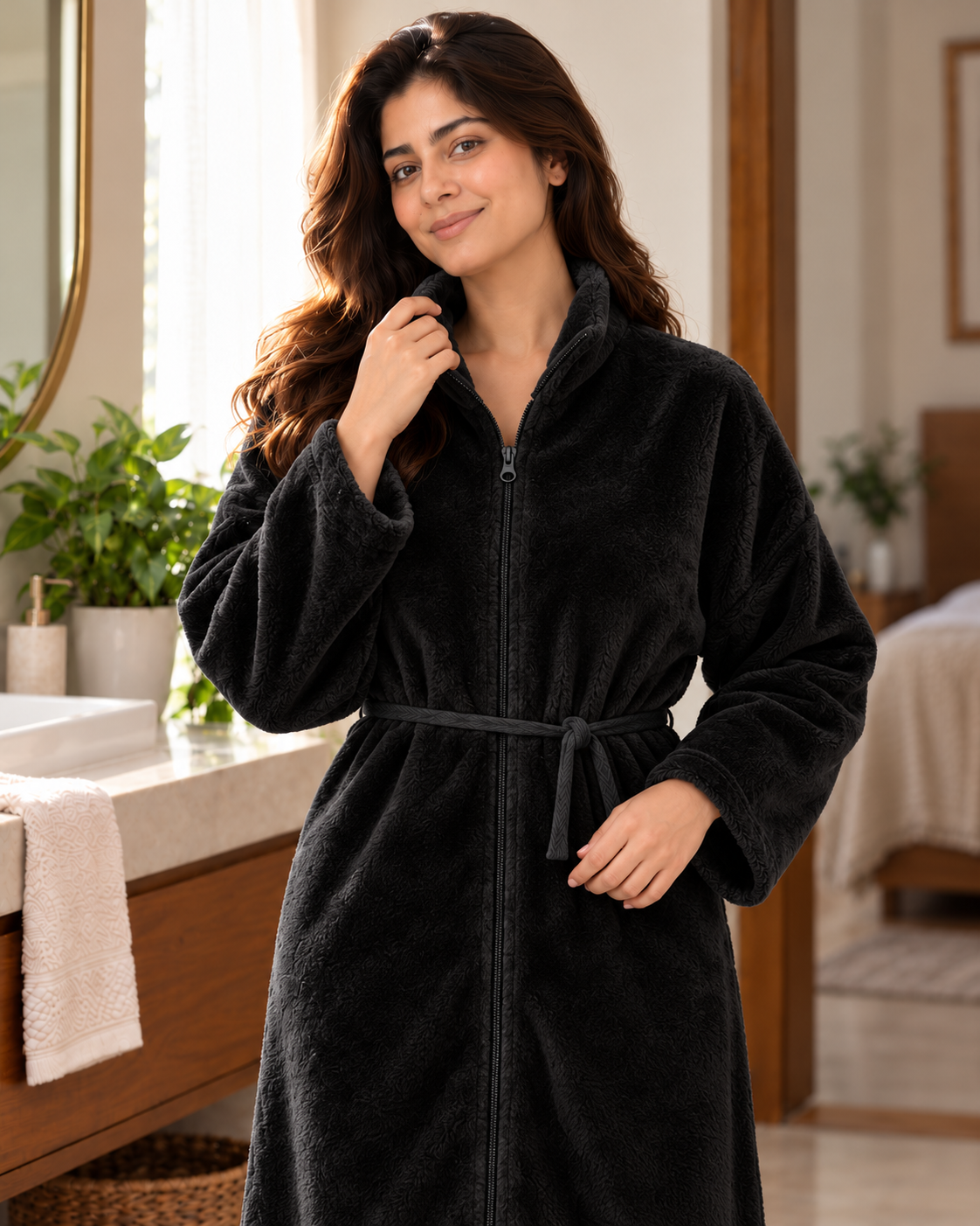 Soft Coral Fleece Zipper Unisex Bathrobe
