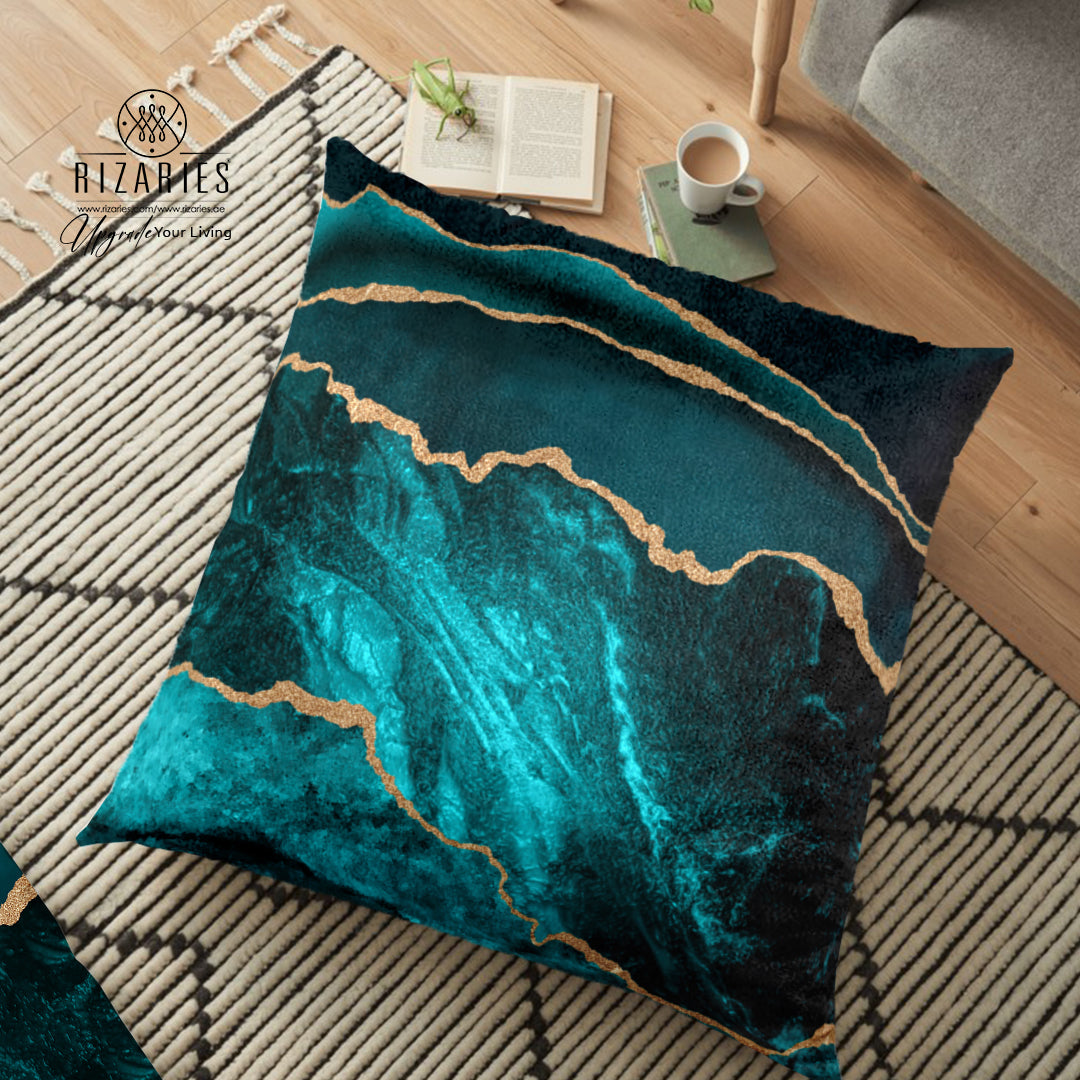 (26"x26") Supersoft Teal Blue Gold FLOOR Cushion Cover