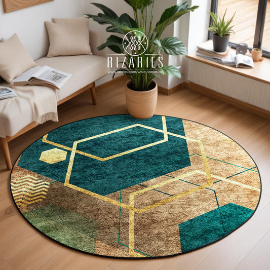 Emerald Copper Abstract Geo Round Centerpiece (Rug)