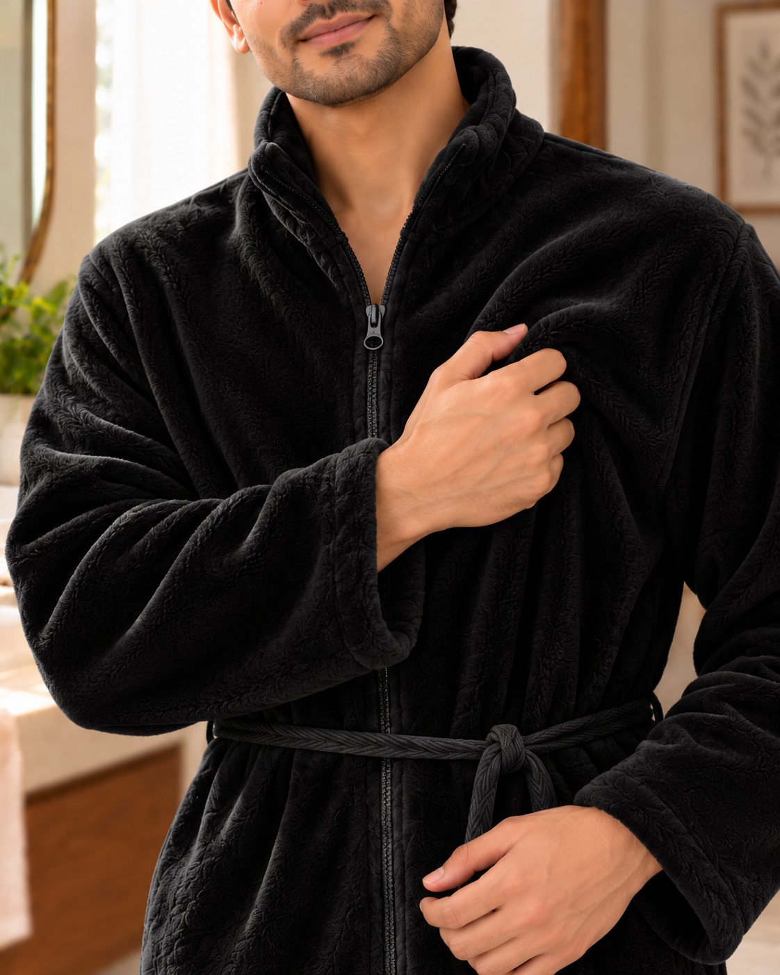 Soft Coral Fleece Zipper Unisex Bathrobe