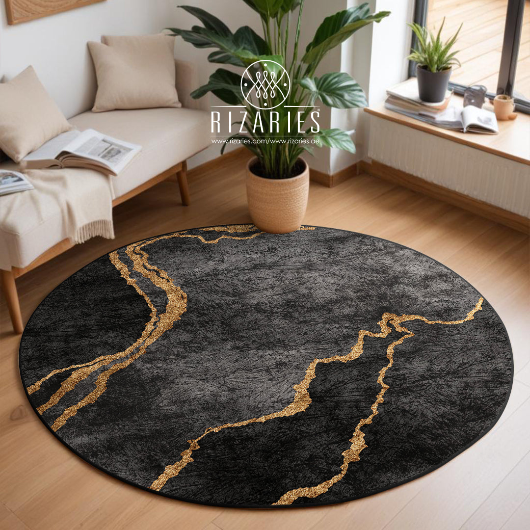 Grey Gold Abstract Round Centerpiece (Rug)