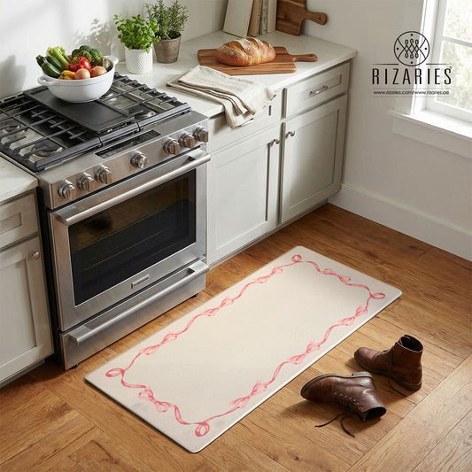 Soft Blush Ribbon Border Kitchen Mat