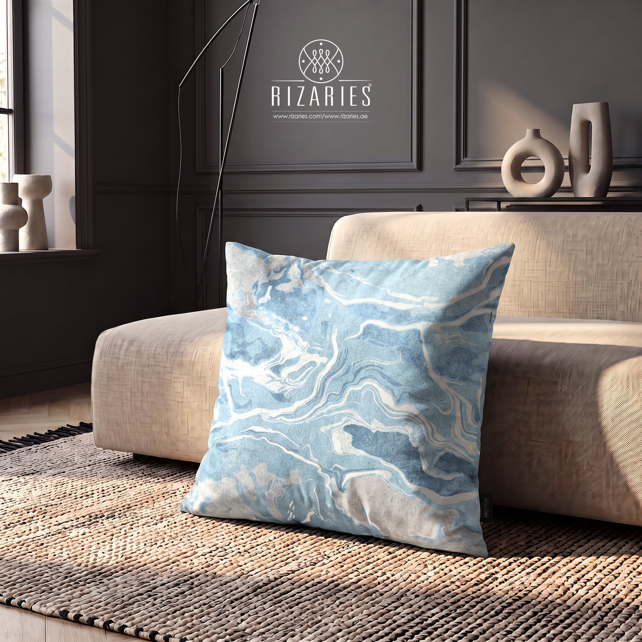 (26"x26") Supersoft Powder Blue Marble FLOOR Cushion Cover