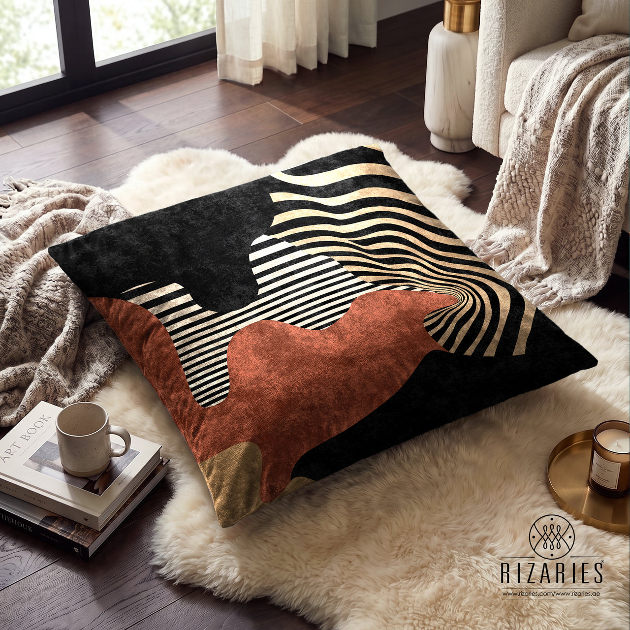 (26"x26") Supersoft Black Rust Geometric FLOOR Cushion Cover