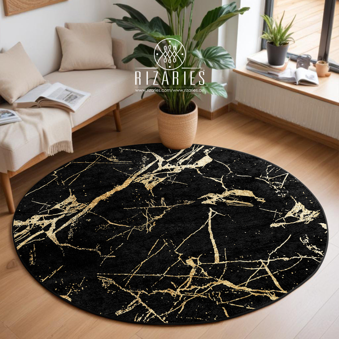 Black Gold Abstract Round Centerpiece (Rug)