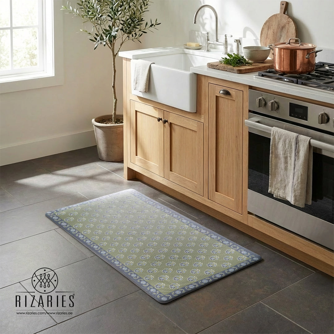 Green Floral Border Kitchen Mat