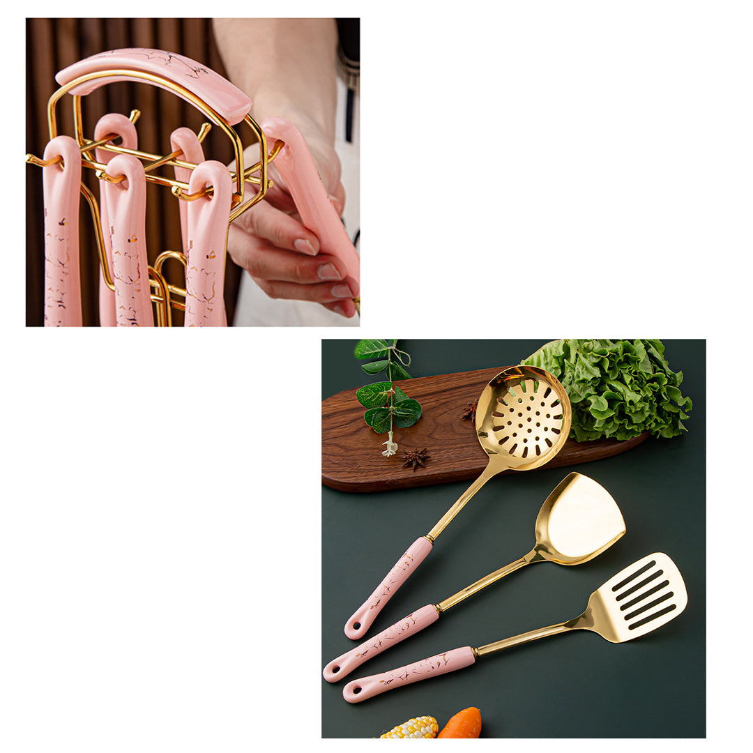 Marble Pattern Golden Utensil Set with Stand (7 Pieces Set)