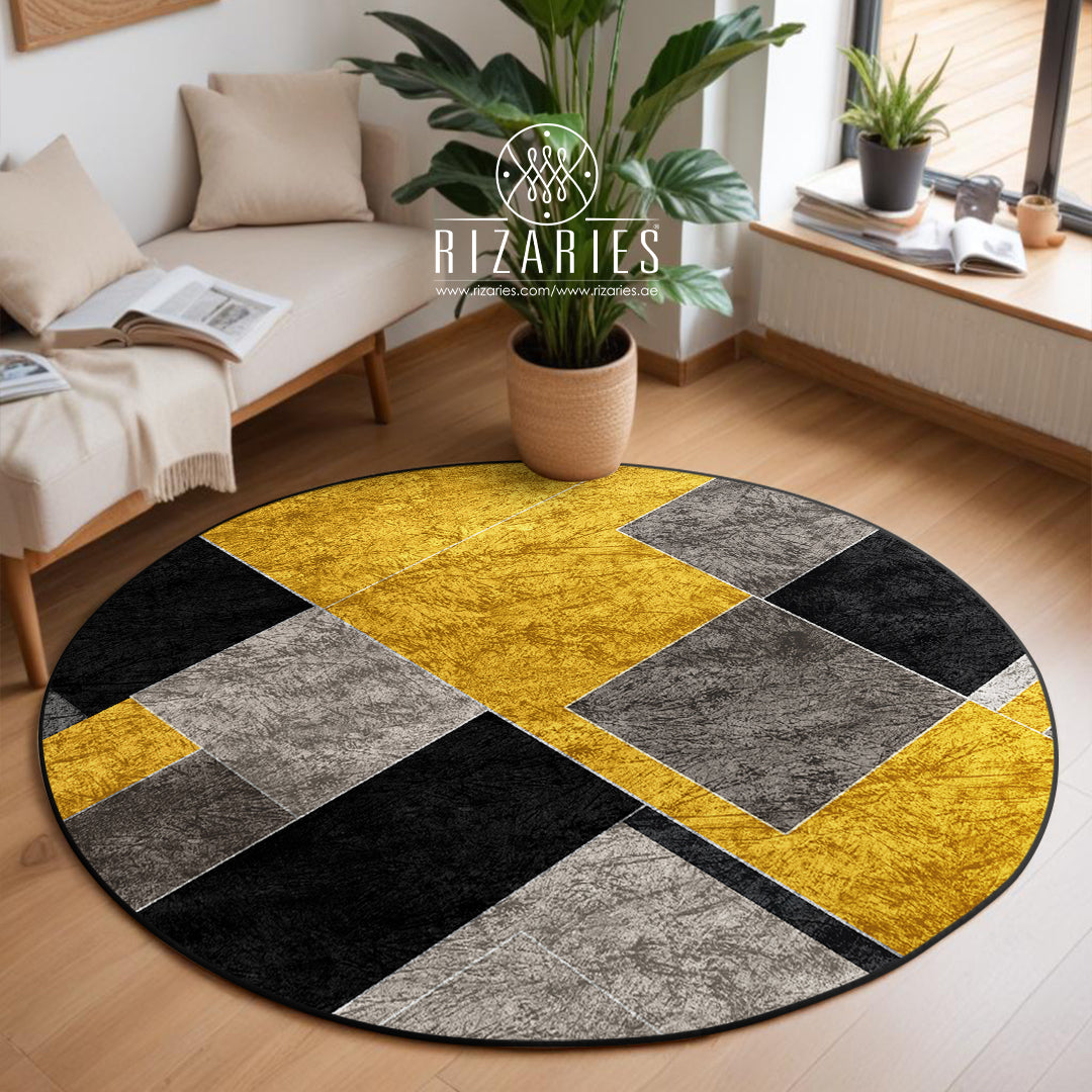 Yellow Black Geometric Round Centerpiece (Rug)