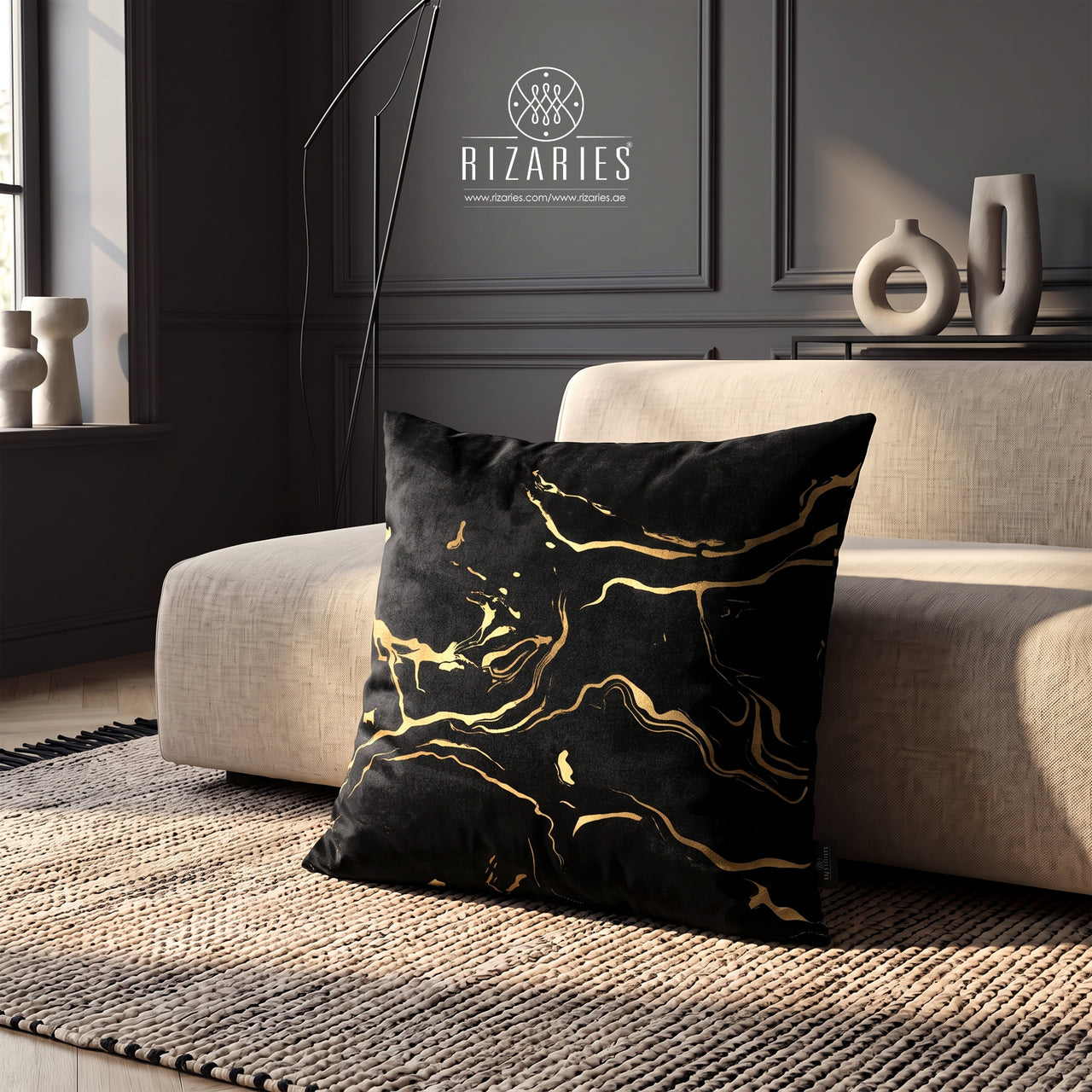 (26"x26") Supersoft Midnight Gold Marble FLOOR Cushion Cover