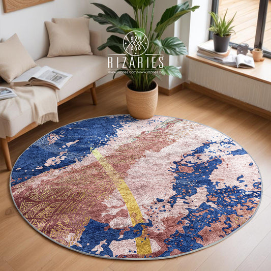 Pink Navy Gold Abstract Round Centerpiece (Rug)