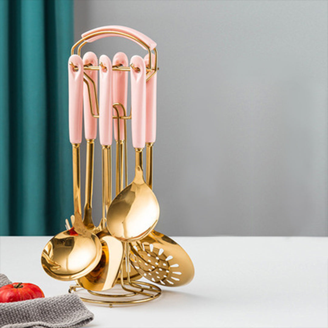 Marble Pattern Golden Utensil Set with Stand (7 Pieces Set)