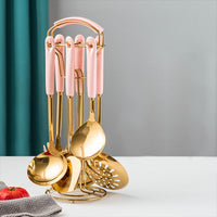 Marble Pattern Golden Utensil Set with Stand (7 Pieces Set)