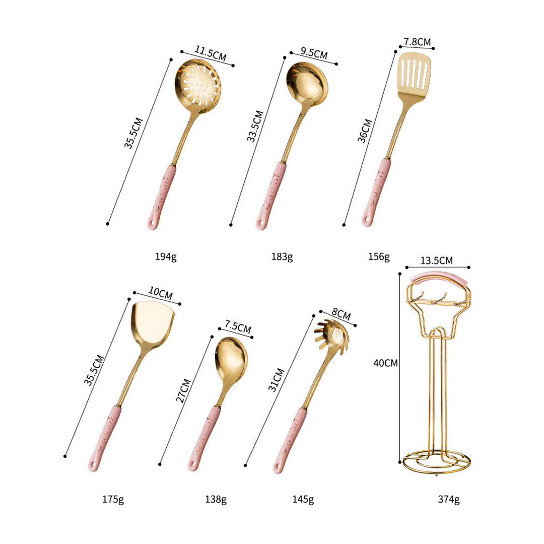 Marble Pattern Golden Utensil Set with Stand (7 Pieces Set)