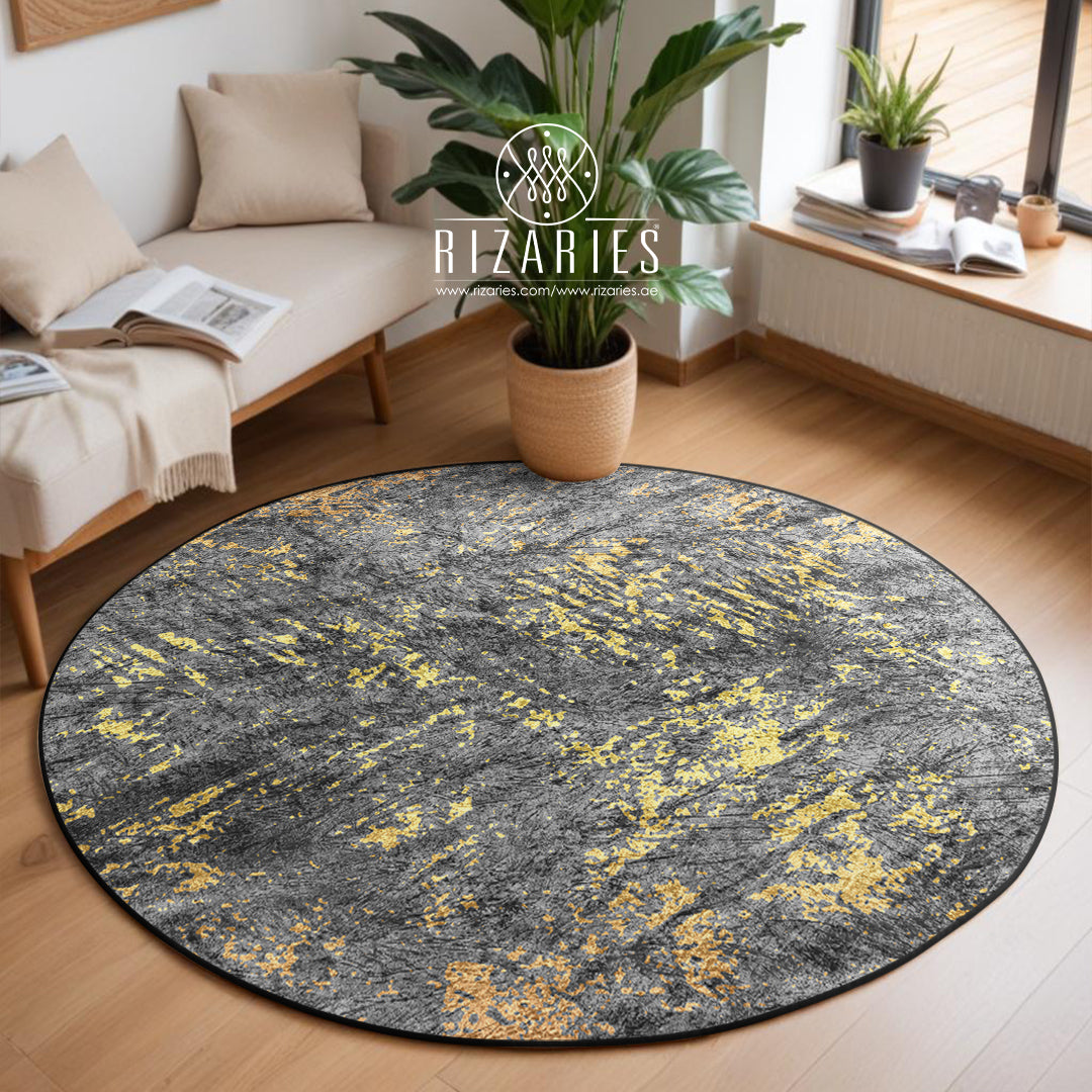 Grey Gold Abstract Pattern Round Centerpiece (Rug)