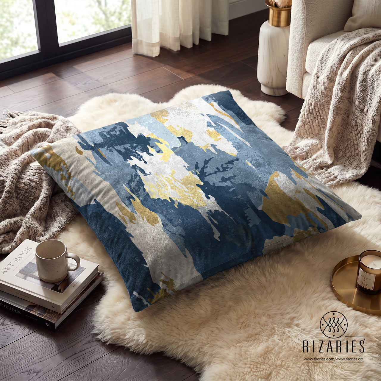 (26"x26") Supersoft Blue Brush Abstract FLOOR Cushion Cover