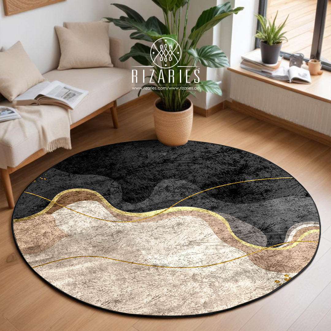 Beige Grey Wavy Round Centerpiece (Rug)