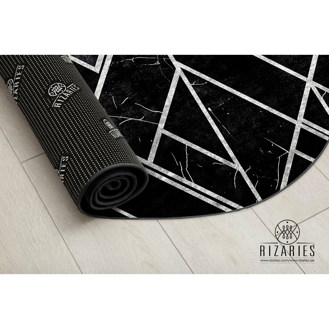 Black Silver Geometric Round Centerpiece (Rug)