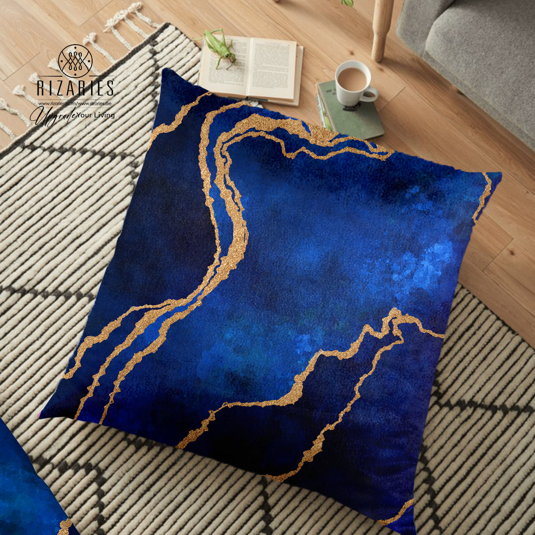 (26"x26") Supersoft Blue Gold Abstract FLOOR Cushion Cover