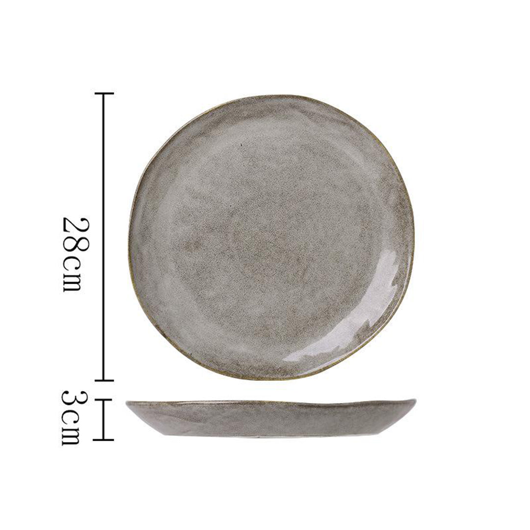 Gray ceramic plate with dimensions on a white background