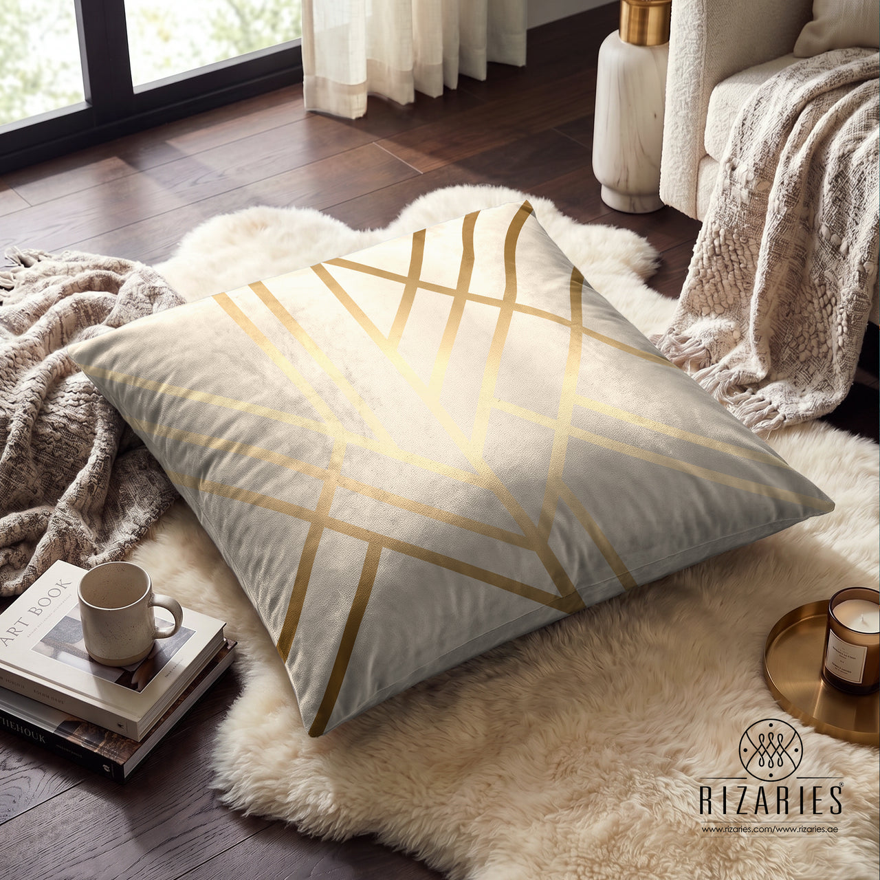 (26"x26") Supersoft Beige Art Deco FLOOR Cushion Cover