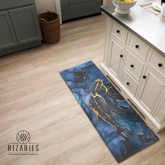 Midnight Blue Gold Marble Kitchen Mat