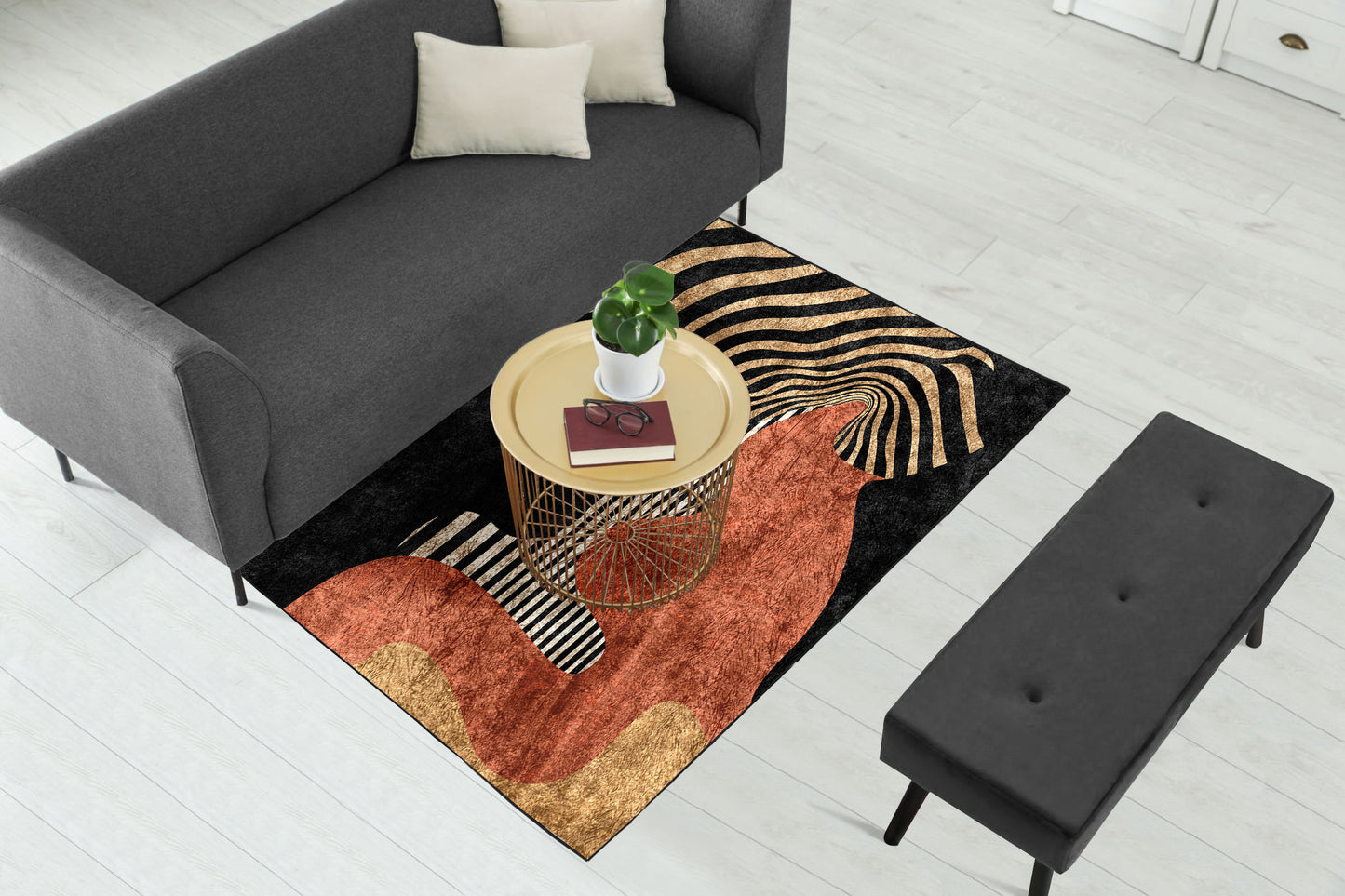 Black Rust Zebra Geometric Wave Centerpiece (Rug)