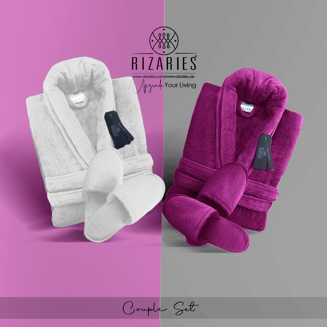 Couple Set White & Purple (2 Velour Bathrobe, 2 Velour Slippers)