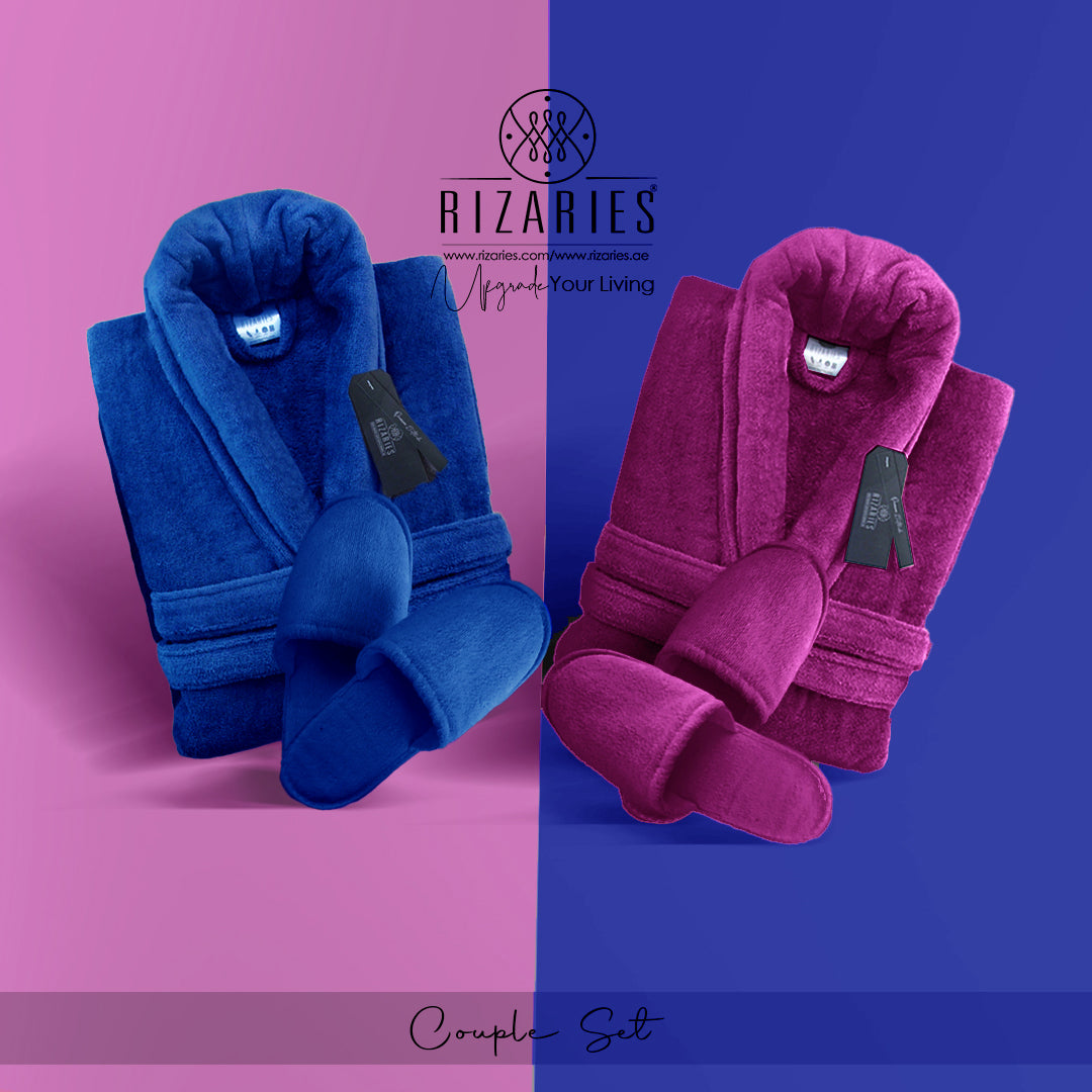 Couple Set Purple & Blue (2 Velour Bathrobe, 2 Velour Slippers)