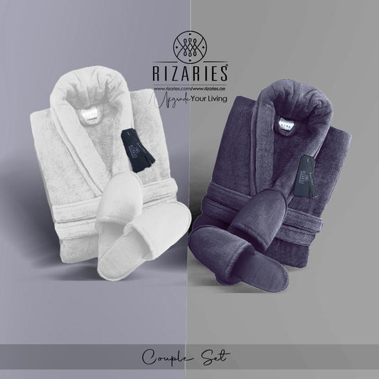 Couple Set White & Grey (2 Velour Bathrobe, 2 Velour Slippers)